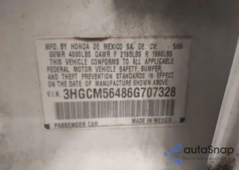 2006 Honda Accord 2.4 Lx from USA, damaged, VIN 3HGCM56486G707328